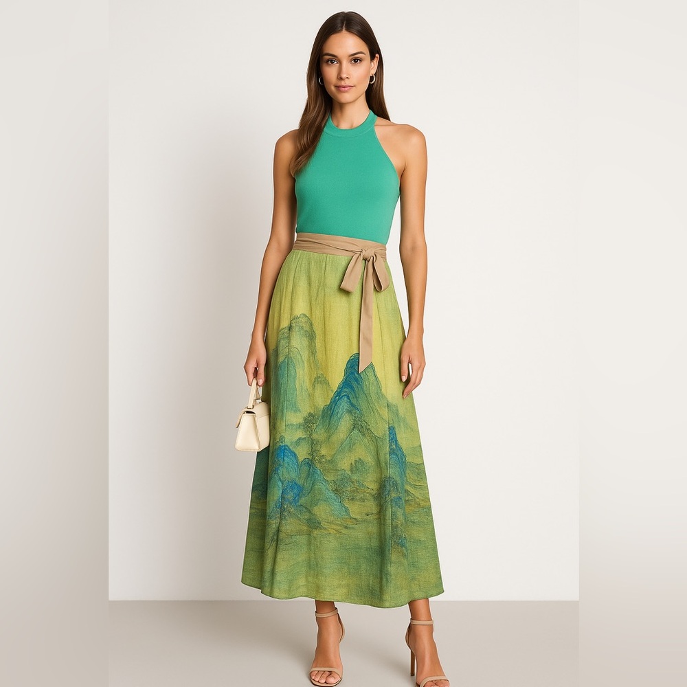 Landscape Print Wrap maxi Skirt – Size M Green